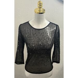 Cache Black Sheer Overlay Beaded Long Sleeve Top Size Small Whimsigoth Y2K